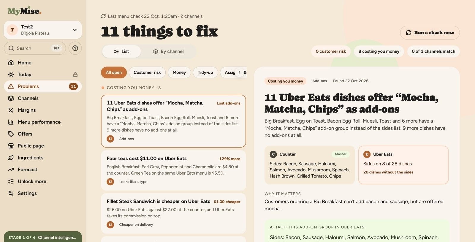 MyMise on desktop: a list of eleven menu problems to fix, with the selected issue explained beside it.