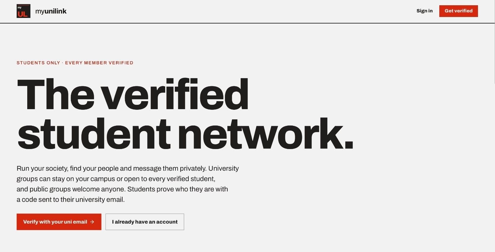 MyUniLink landing page headed “The verified student network.”